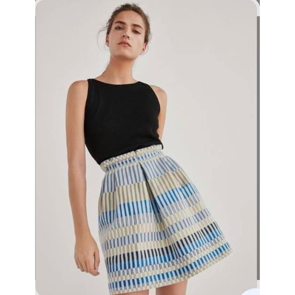 Massimo Dutti Geometric Stripe Box Pleat Skirt Blue Yellow High Waisted Pockets